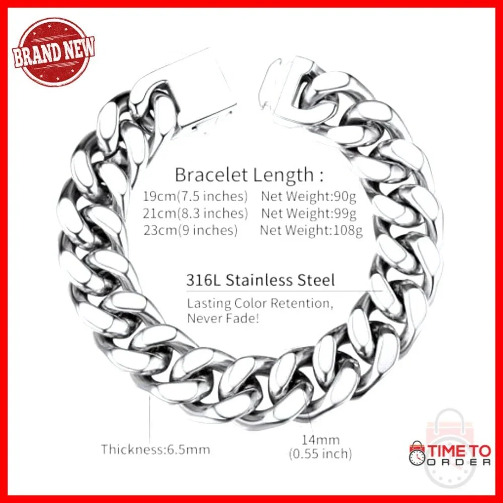 Stainless Steel Cuban Link Bracelet Men's 5mm 7mm 9mm 12mm Width Fold Over Clasp